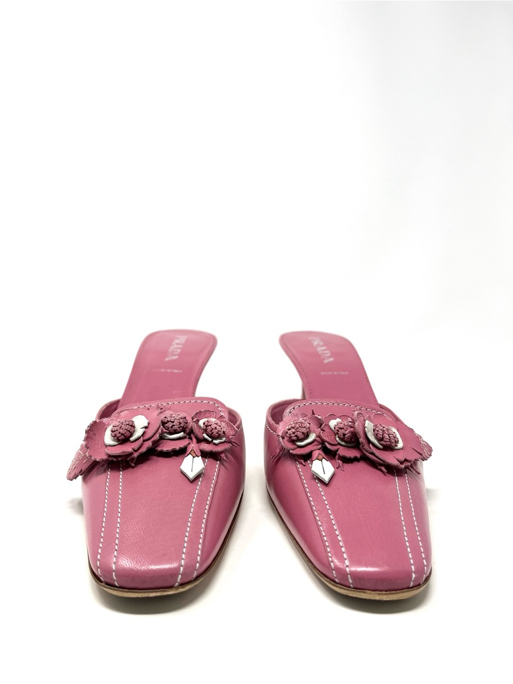 Vintage Prada 90s Pink White Leather Flower Bouquet Mules Kitten Heels 36.5 6.5 - Picture 4 of 12
